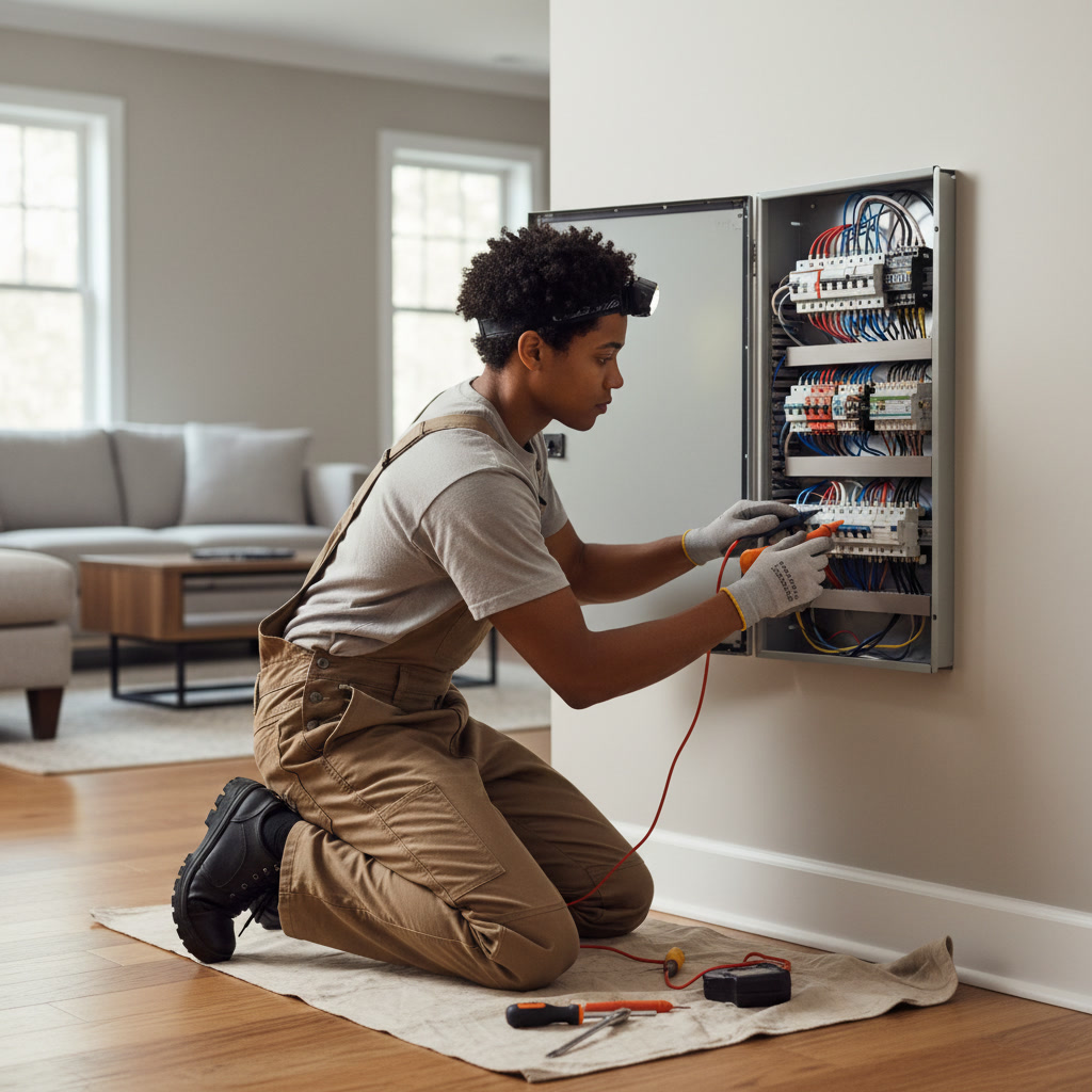 Electrician inspecting home electrical panel in Franklin residence