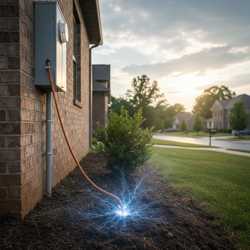 Electrical grounding rod and copper wire installation in Clarksville Tennessee home