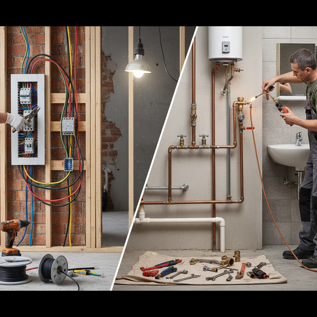 Electrician inspecting electrical panel and plumber examining water pipes in residential home