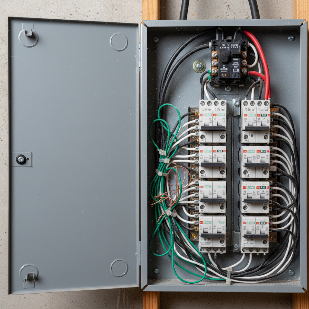 Licensed electrician inspecting grounding connections in residential electrical panel