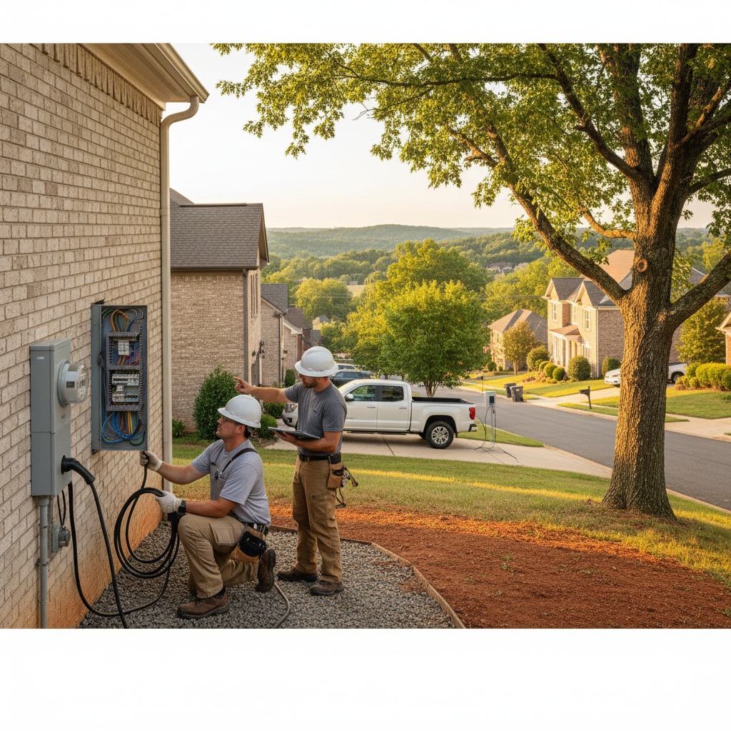 Nashville area home with new Level 2 EV charger mounted in garage near electrical panel