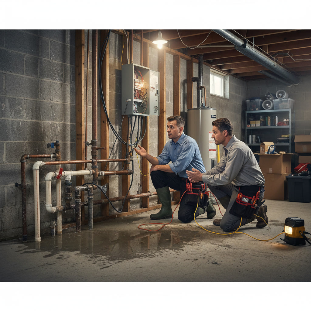 Home water heater showing both plumbing pipes and electrical connections