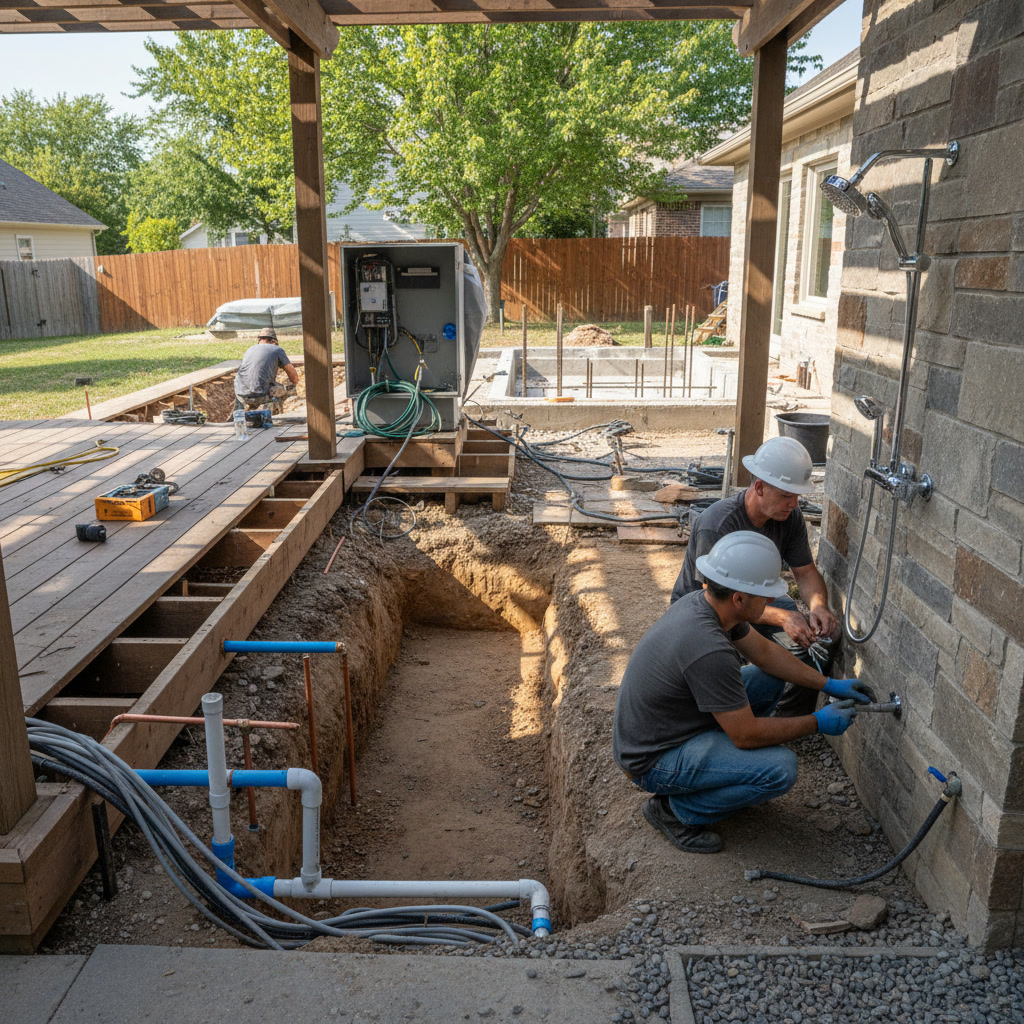 Electrician and plumber working together on combined home infrastructure project