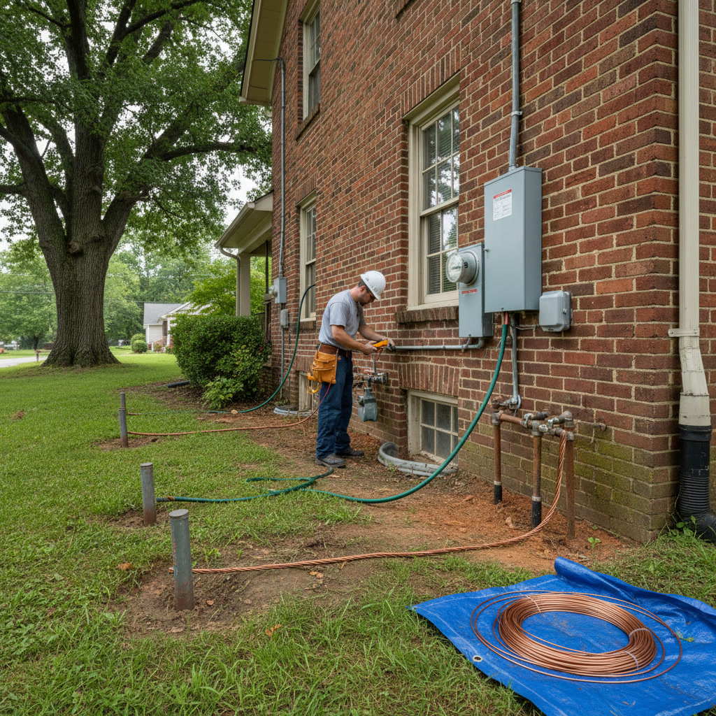 Residential home in Clarksville Tennessee with electrical grounding system components visible