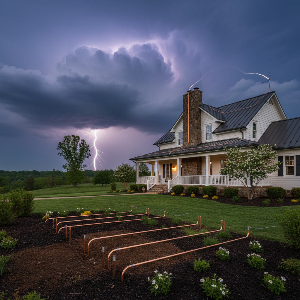 Lightning storm over Middle Tennessee home with proper grounding system protection