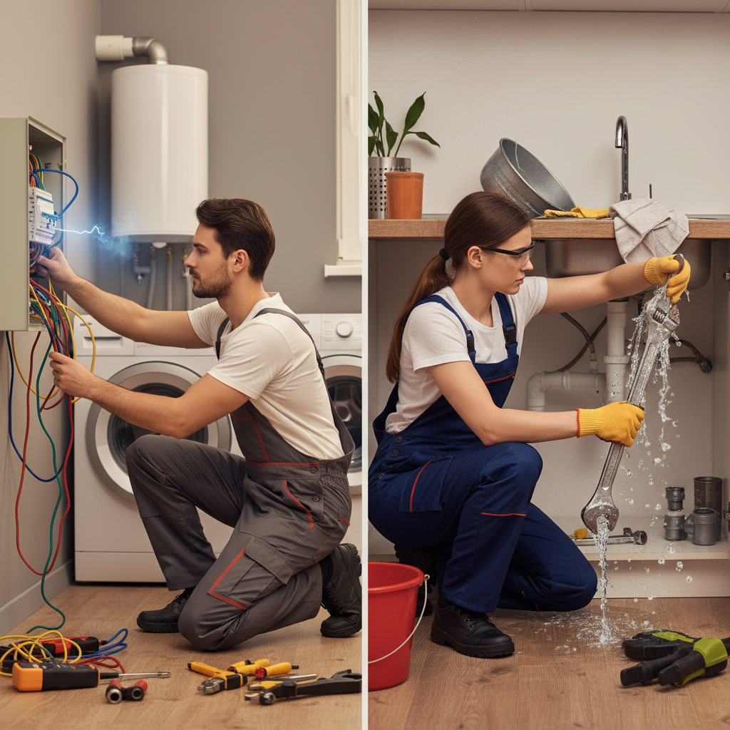 Professional electrician and plumber working side by side on residential home systems