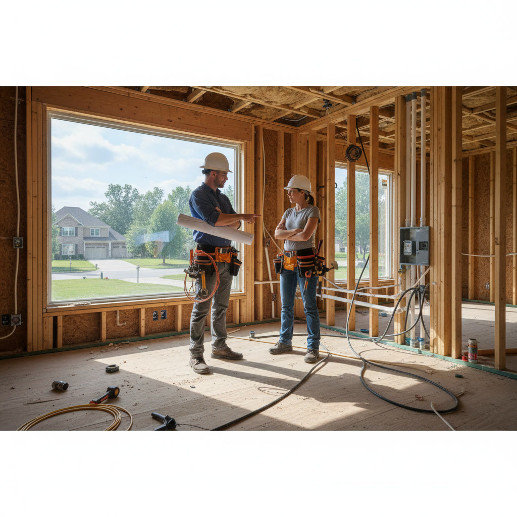 Electrician and plumber coordinating dual-trade home renovation services