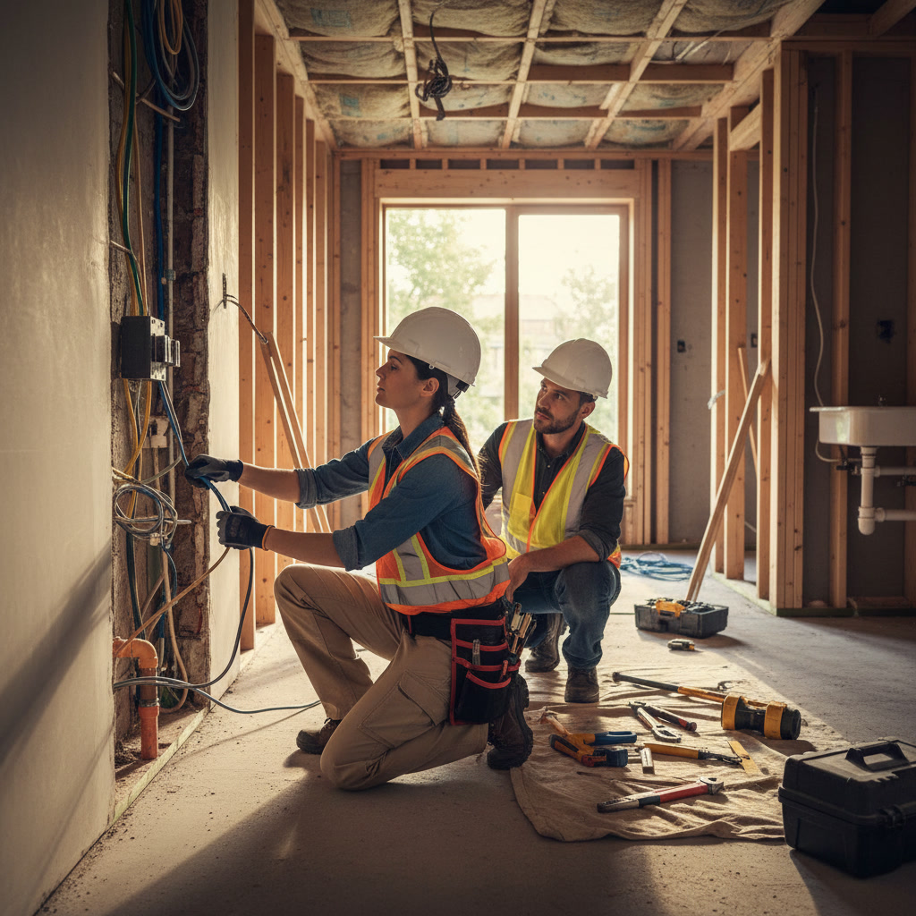 Professional electrician and plumber coordinating work on residential project